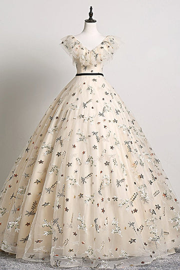 Pretty Champagne Floral Tulle V Neck Floor Length Customize Prom Dress, Formal Dress HZ1023